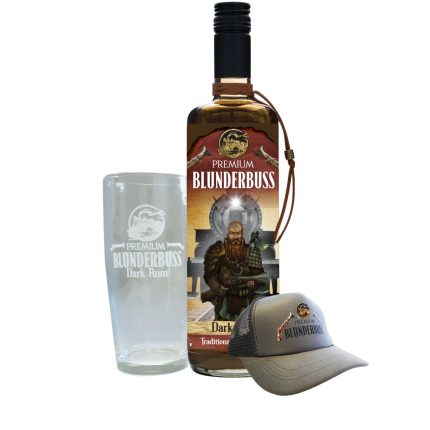 Blunderbuss dark rum glass and cap